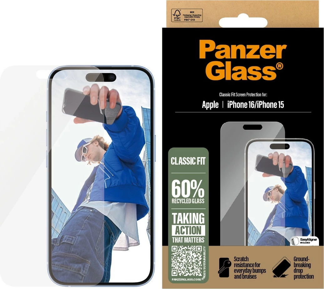 Mbrojtës ekrani PanzerGlass për iPhone 16, Classic Fit, transparent
