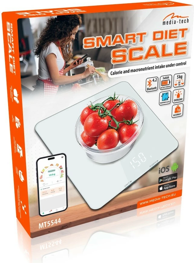 Peshore kuzhine Media-Tech MT5544, inteligjente, me aplikacion dietal, e bardhë