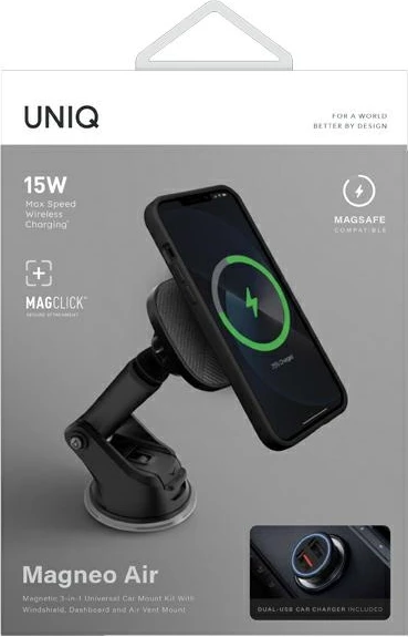 Mbajtës magnetik për veturë UNIQ Magneo me karikues induktiv 15W, gri, set 3-në-1