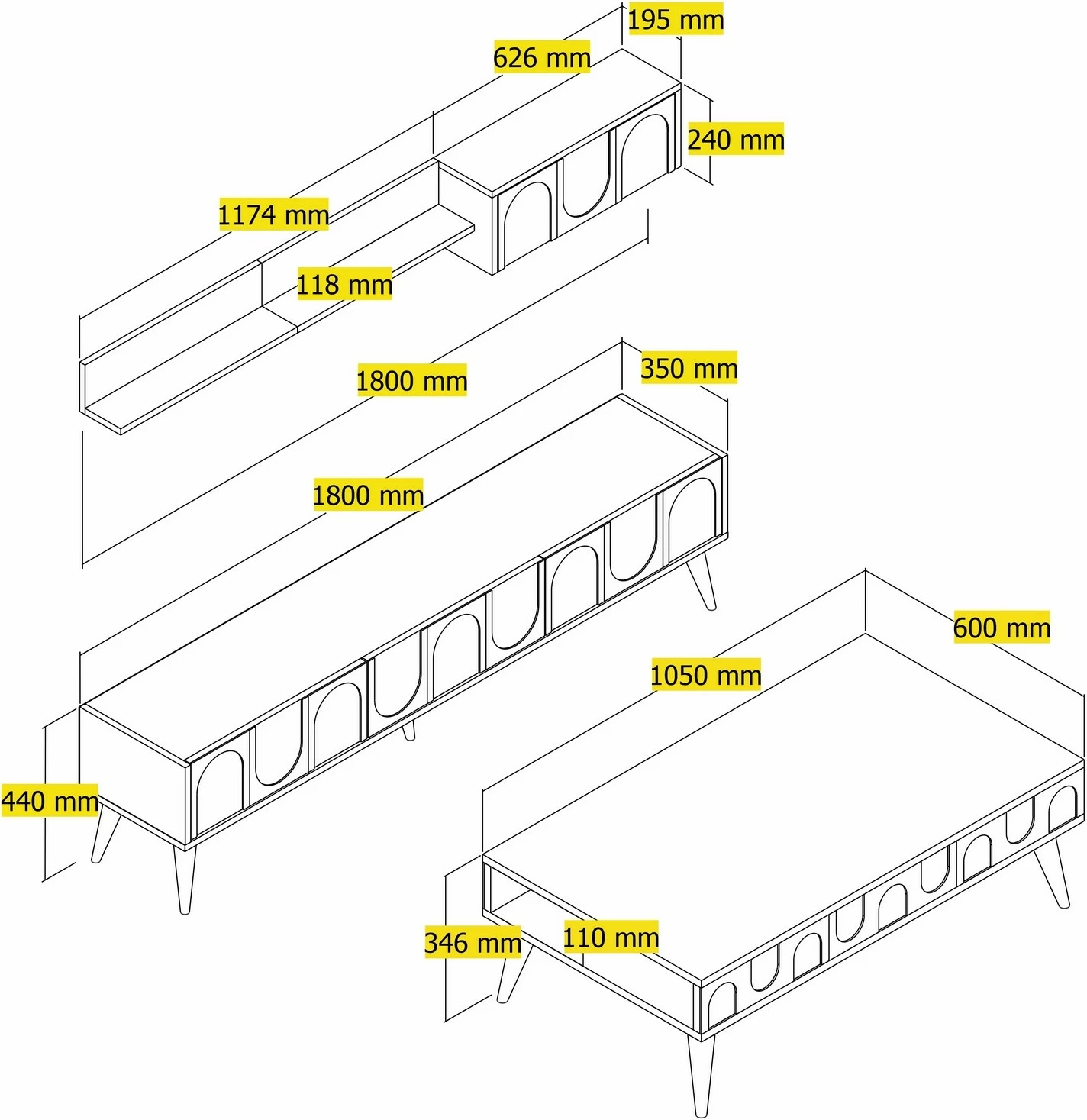 Set mobiljesh për dhomë dite, Skye Decor, Lyon 3, e bardhë dhe arre