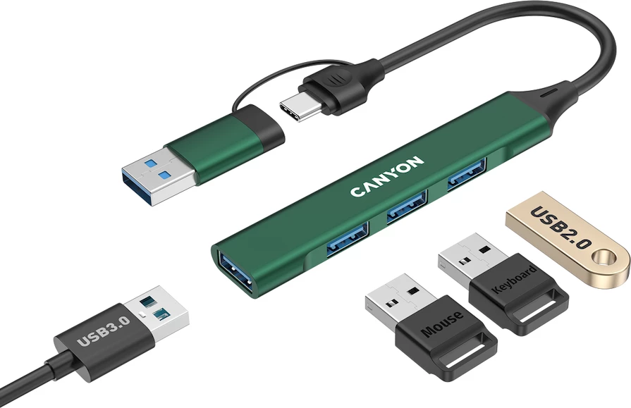 USB hub CANYON DS-02 4in1 USB-A/C, 4 porta (1x USB 3.0 + 3x USB 2.0), kabllo 15 cm, gjelbër