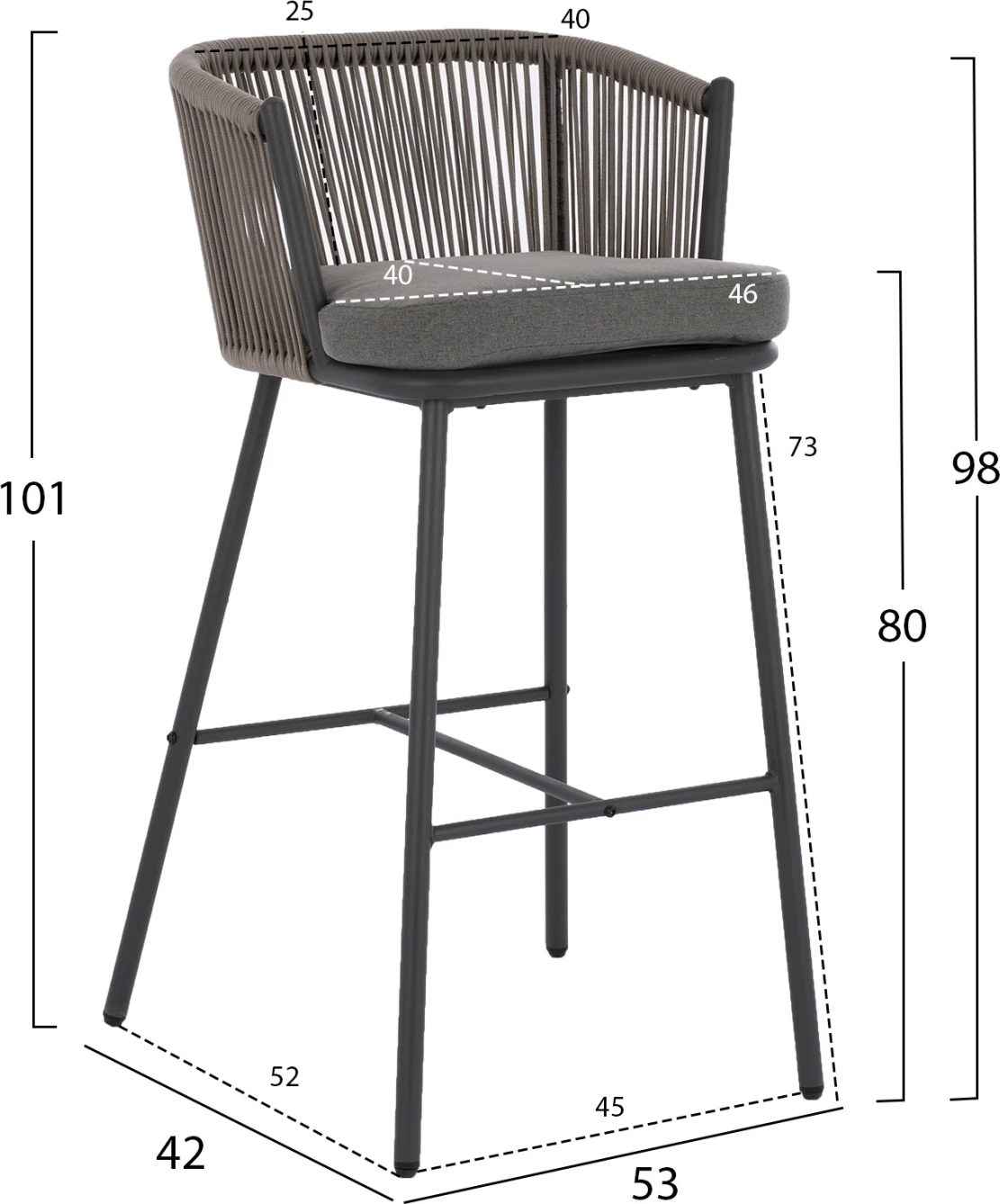 Karrige për bar, me skelet metalik dhe litar gri, FH5714.01, 53x42x101 cm