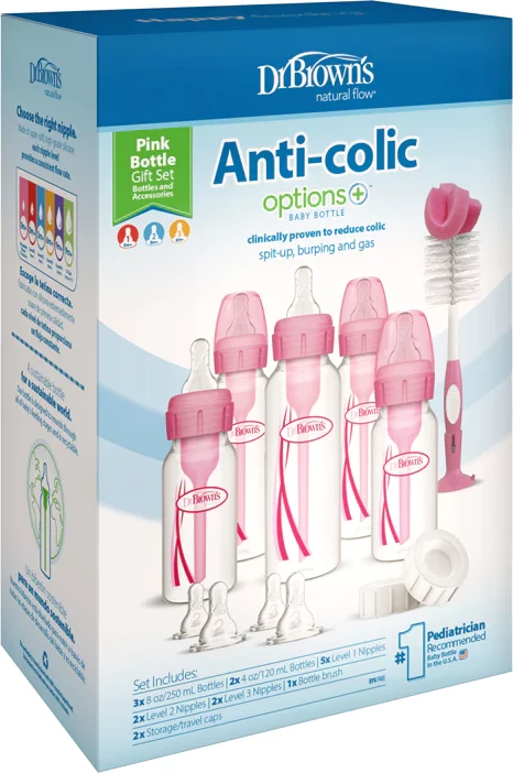 Set Dhuratë Pink – Biberon i Ngushtë Anti-Kolik + Opsione Anti-Kolik për Foshnja Dr. Brown's