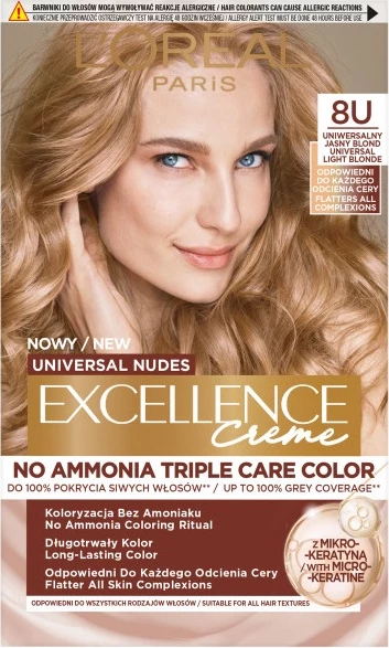 Krem ngjyrosës për flokë L'Oreal Paris Universal Nudes Excellence Creme 8U Universal Light Blonde për femra, 1 copë