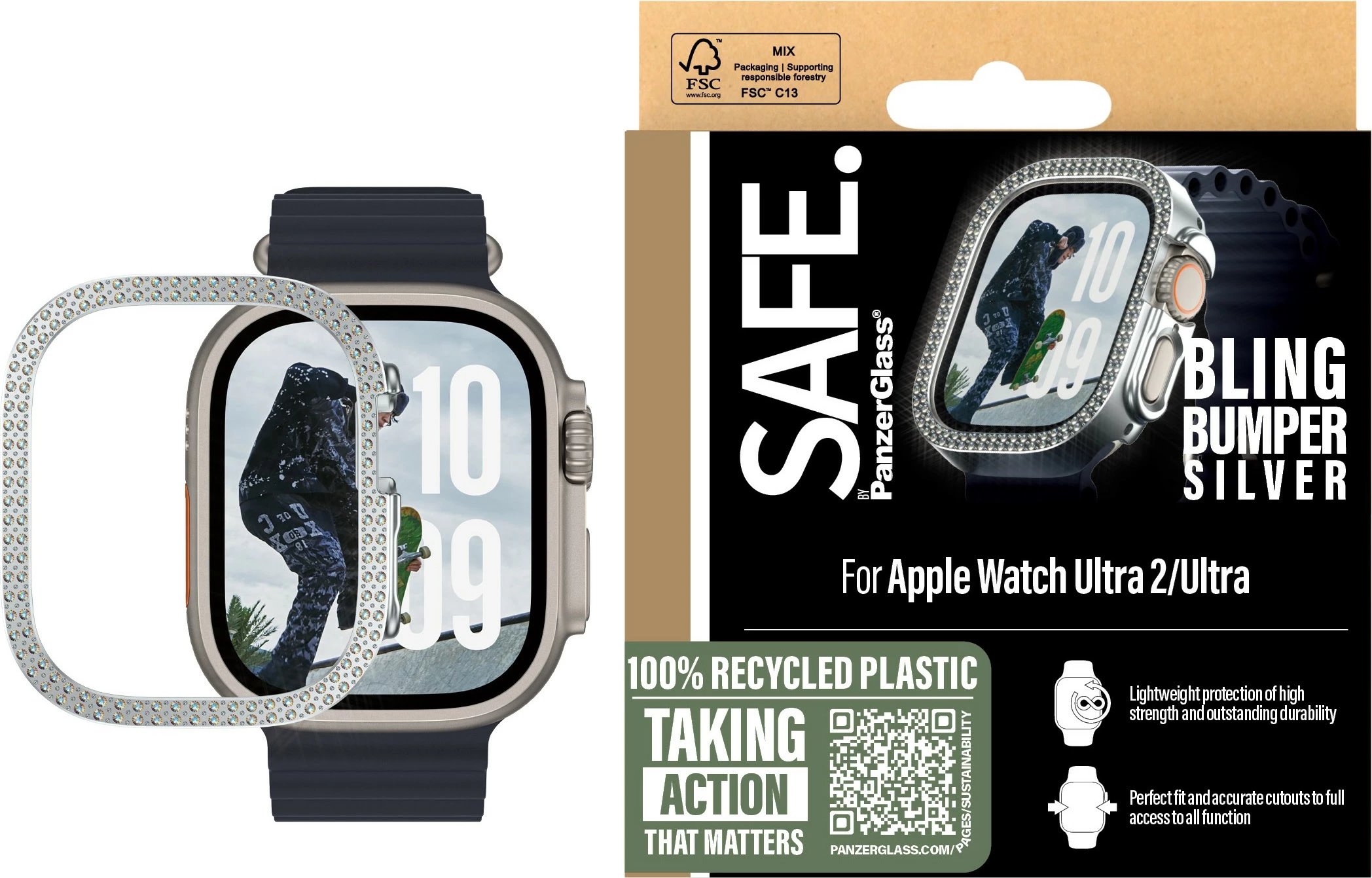 Mbështjellës PanzerGlass SAFE Bling Bumper për Apple Watch Ultra 2, transparent, silver