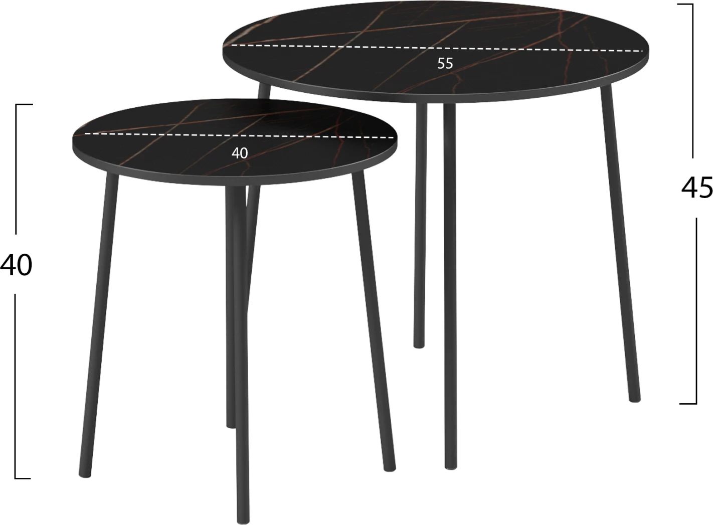 Tavolina kafeje 2 copë, FH9878.13, melaminë, ngjyrë mermeri i zi-metal i zi, Φ55x45H cm