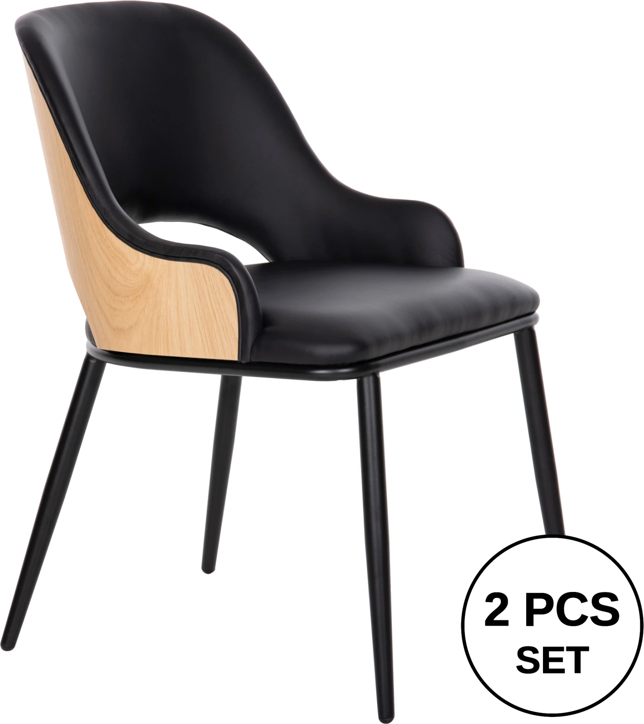 Karrige ngrënieje DELF FH9617.01 PU e zezë-këmbë metali të zeza-shpinë druri natyrale 48x55x76H cm., set prej 2 copë