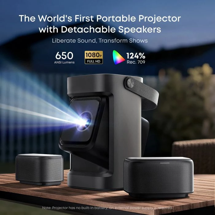 Projektor portativ smart ANKER Nebula P1, Full HD 1080p 650 ANSI, Google TV, deri 180\", me 2 altoparlantë wireless 20W, gri e errët, set me altoparlantë të shkëputshëm