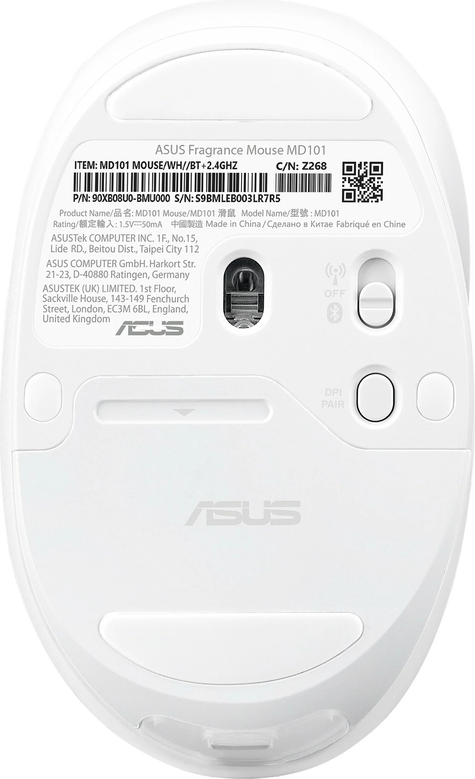 Maus ASUS MD101 wireless, Bluetooth 5.3, 2400 DPI, i bardhë