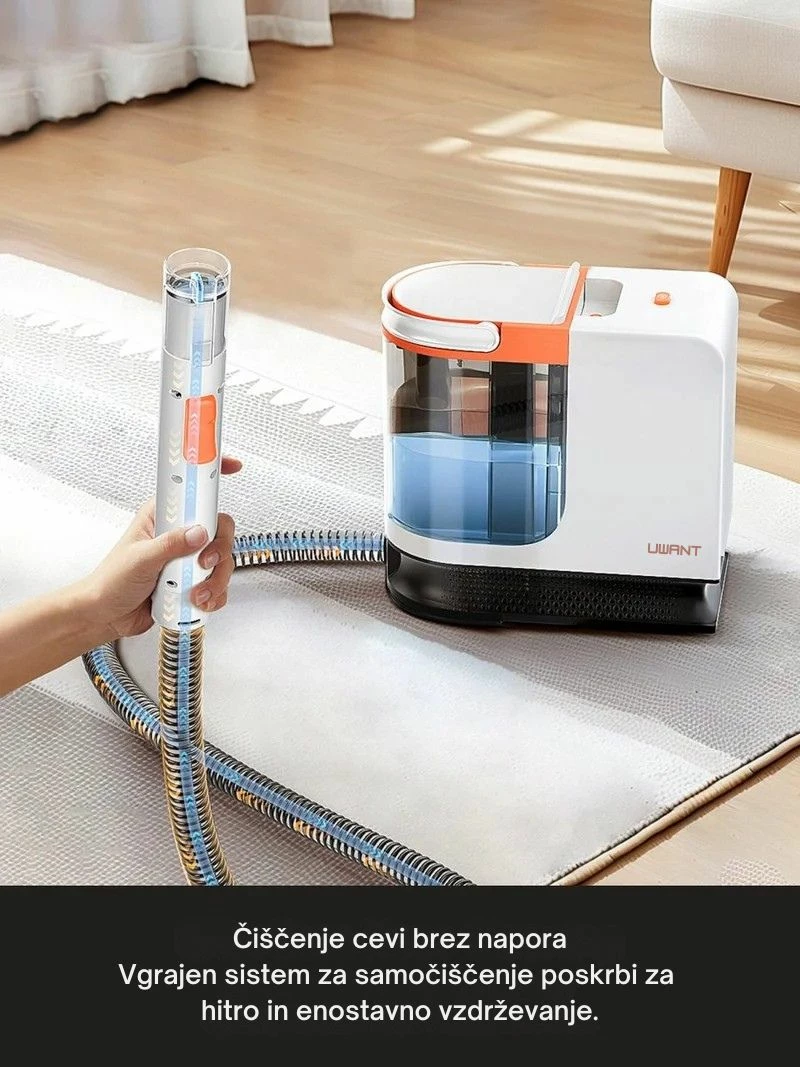 Pastrues i thellë me ujë të nxehtë për qilima dhe tapiceri Uwant B300 Pro 18000 Pa 600 W depo 1.2/1.4 L, me aksesorë + pastrues tekstili 500 ml, bardhë/portokalli