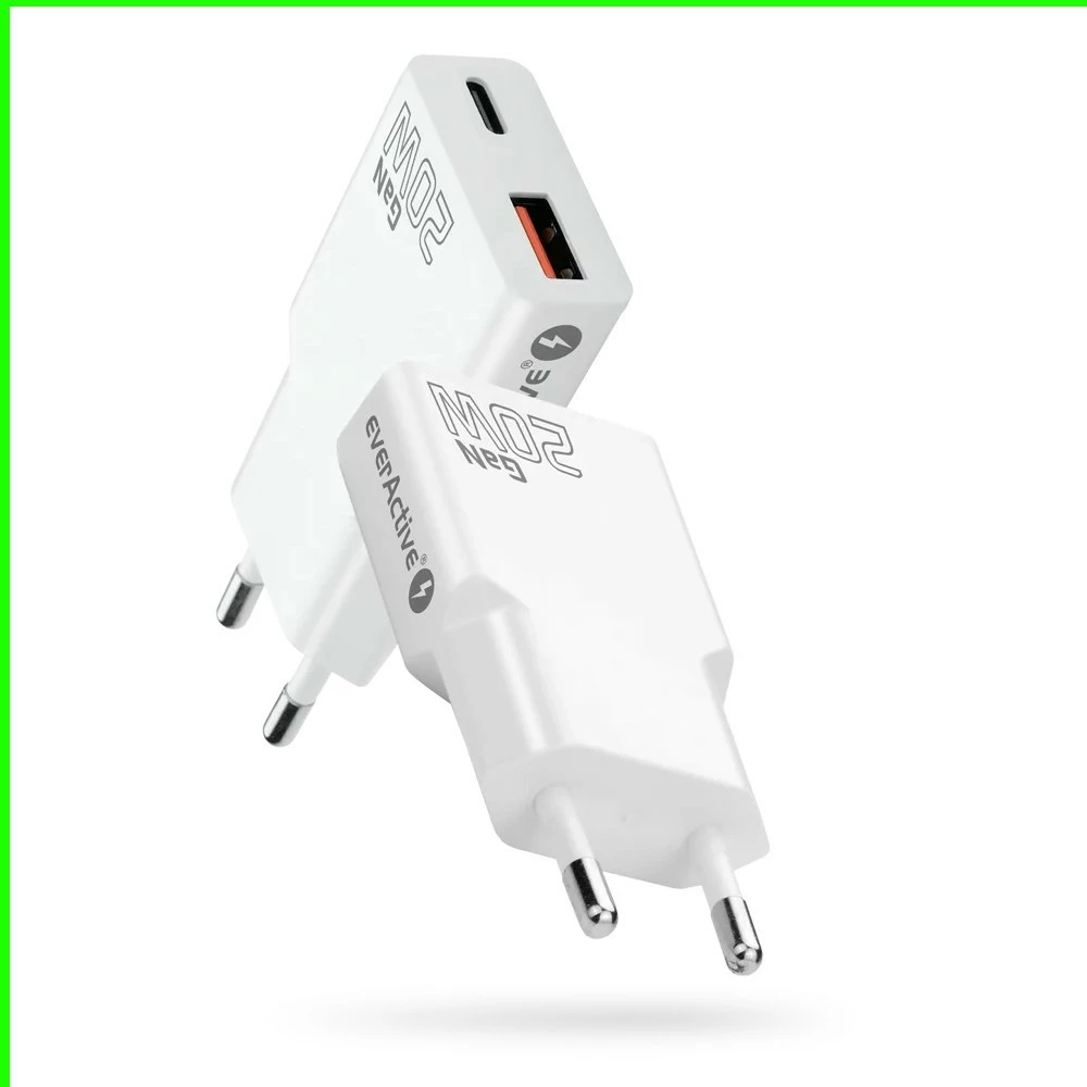 Karikues muri, everActive, SC-340Q, GaN super slim, USB QC 3.0 + USB-C PD 20W, 1x USB + 1x USB-C, i bardhë