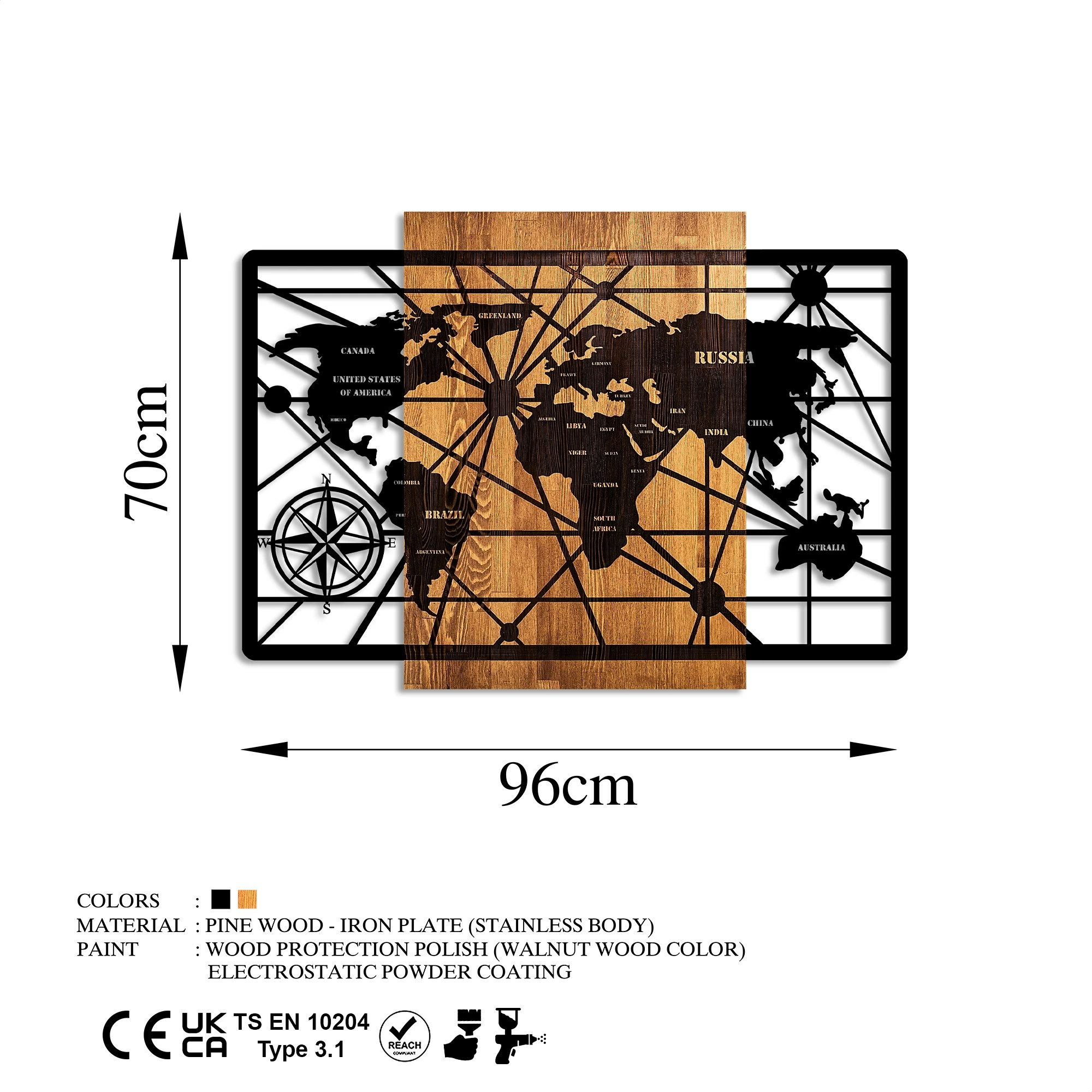 Aksesor dekorativ muri prej druri, hartë bote, Wallity, 6-L, ngjyrë arre dhe e zezë, 70x96cm