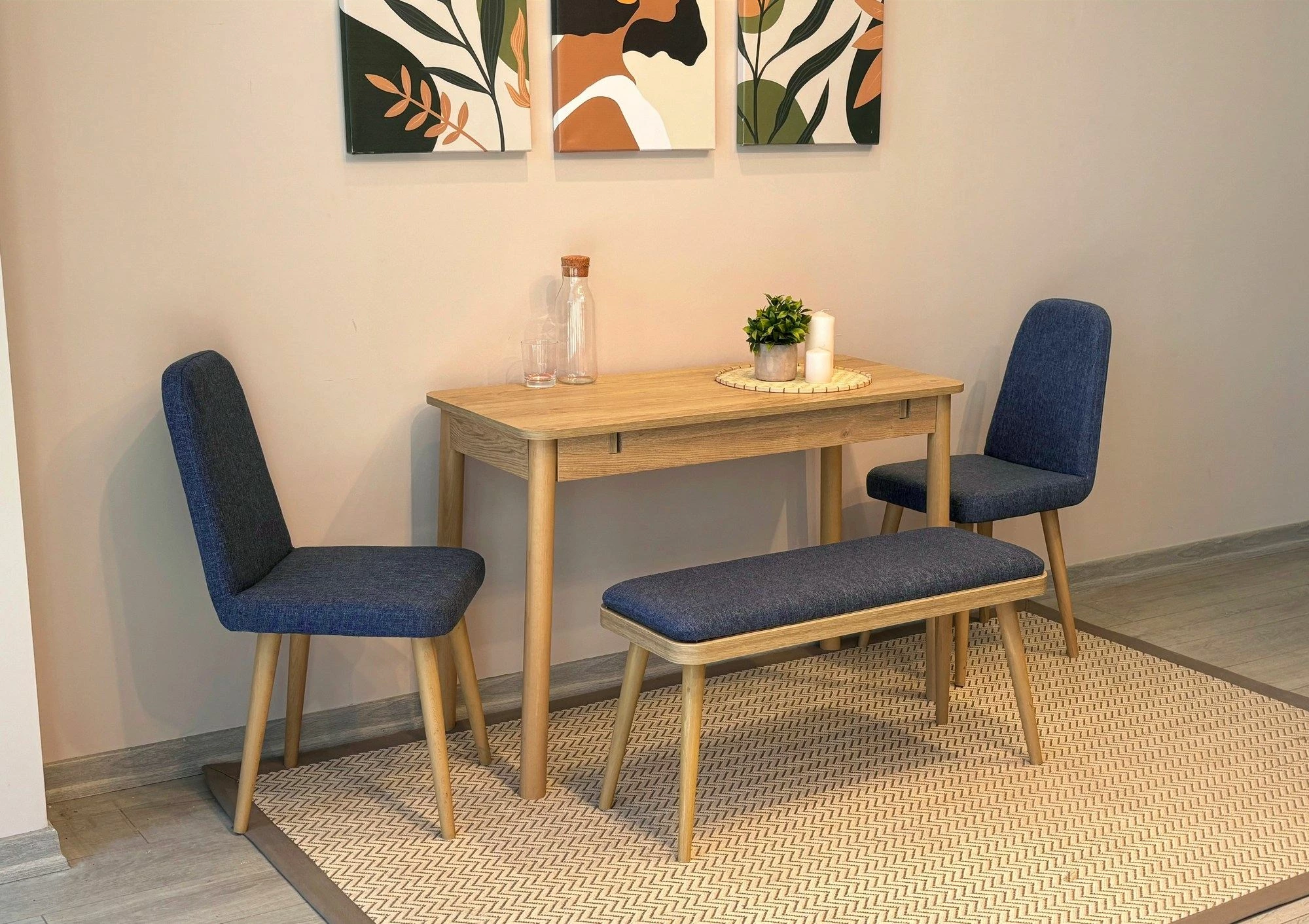 Tavolinë me karrige, zgjatshme, 4 pjesë, ngjyrë lis dhe kaltër e errët, Vina Mini 01 1048