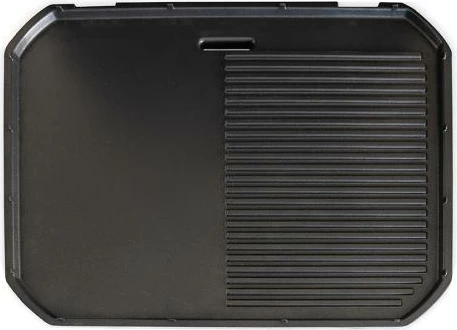 Grill elektrik 2‑në‑1 me këmbë dhe tavoline, Unold Jimmi 58585, deri 300°C, pllakë jo‑ngjitëse me faqe të lëmuara dhe të brinjëzuara, i zi