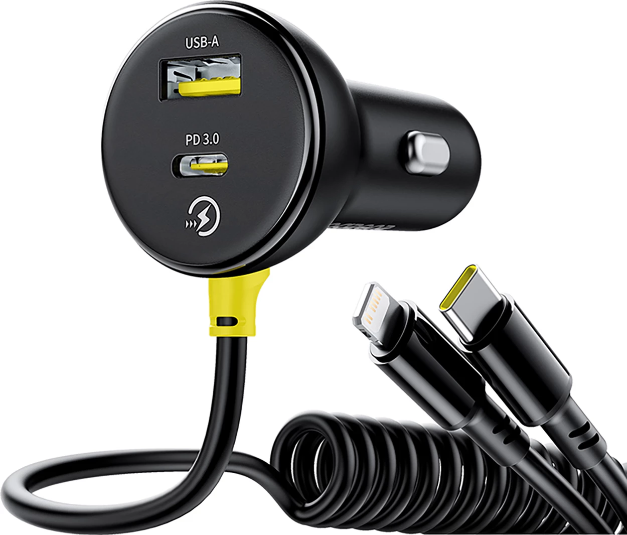 Karikues veture Baseus Circular, 60W, USB-A + USB-C, kabllo e integruar Lightning + USB-C 1.4m, e zezë