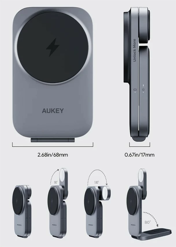 Karikues wireless 3-në-1 AUKEY LC-MC312 MagSafe Qi2, 15W + Karikues PD 30W, Gri, me etui