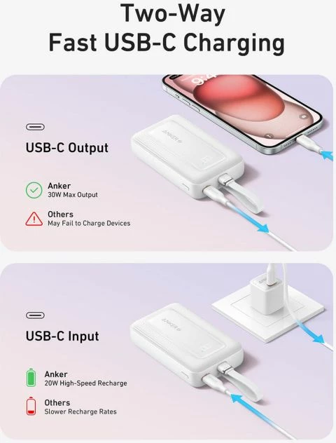Powerbank Anker Zolo A1688H11 10000 mAh 30W me kabllo USB-C të integrume, e zezë