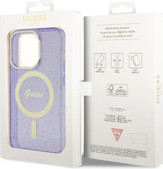 Mbështjellës Guess GUHMP14LHCMCGU për iPhone 14 Pro 6.1", Glitter Gold MagSafe, vjollcë