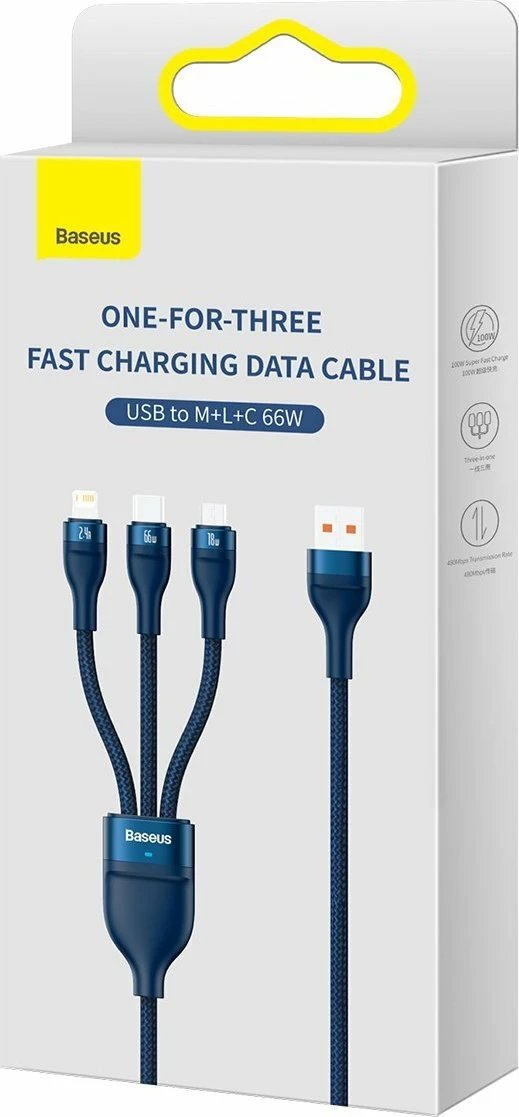Kabllo USB 3-në-1 Baseus Flash Series II CASS040003 (BSU3888), USB-A në USB-C/Micro USB/Lightning, 1.2 m, 66W, blu