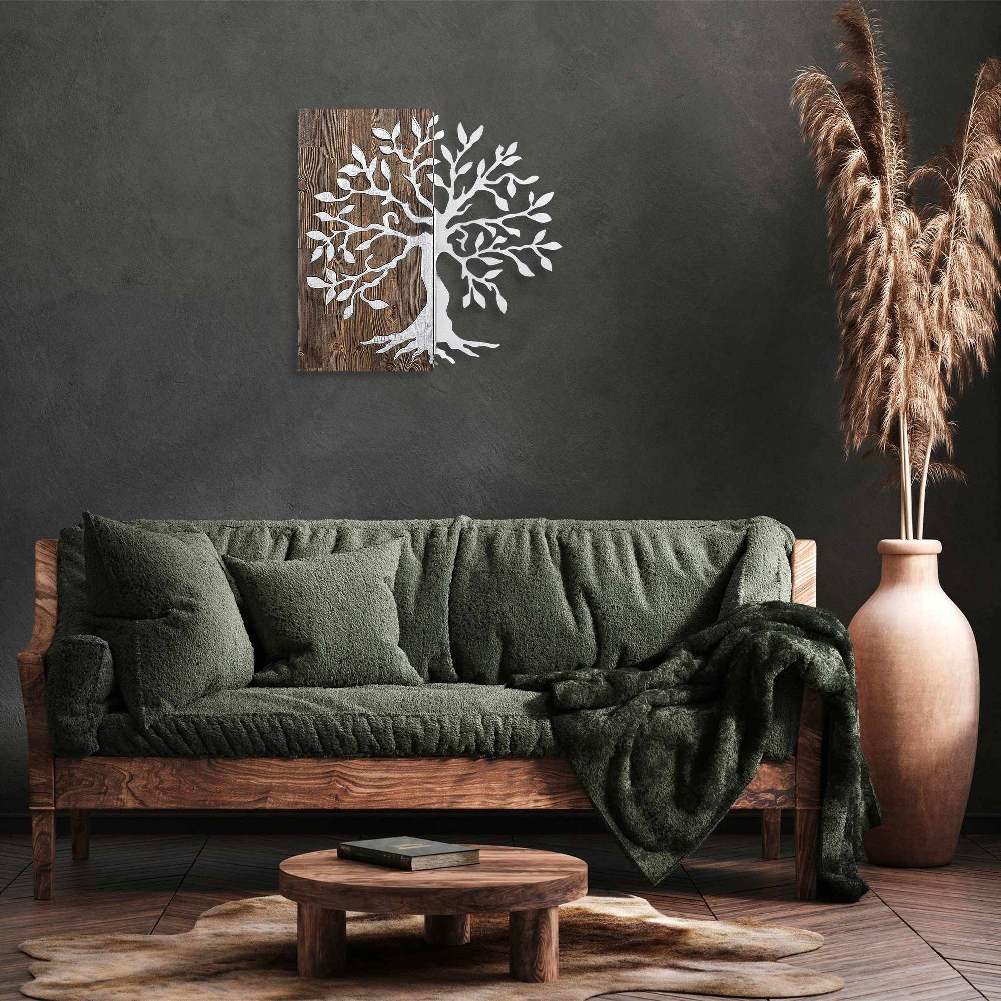 Aksesor dekorativ për mur, dru dhe metal, pemë, ngjyrë arrë dhe argjend, 58x58cm