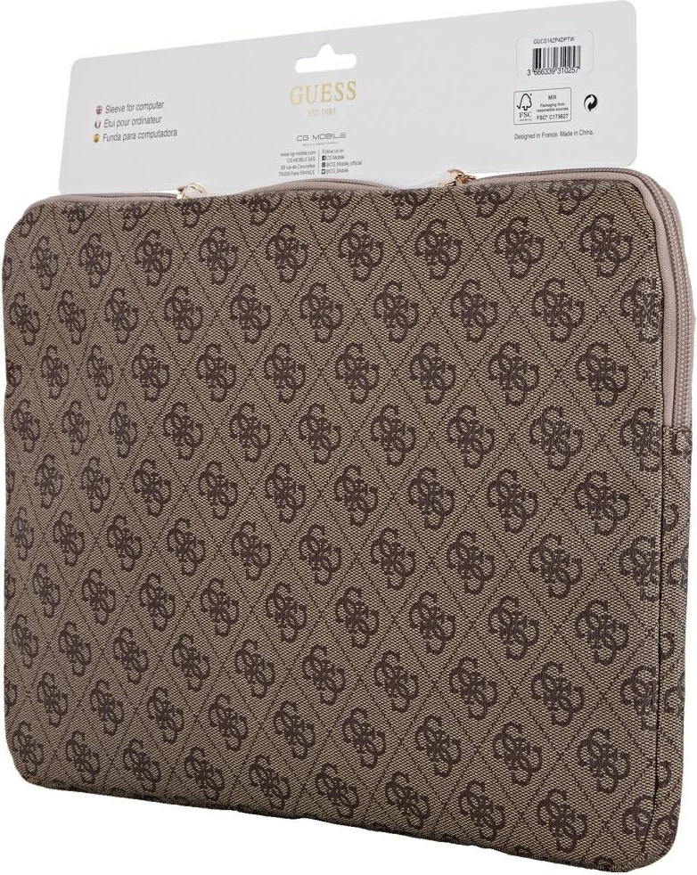 Mbështjellës laptop Guess 4G Zipper Pocket Triangle Logo, 14", Kafe