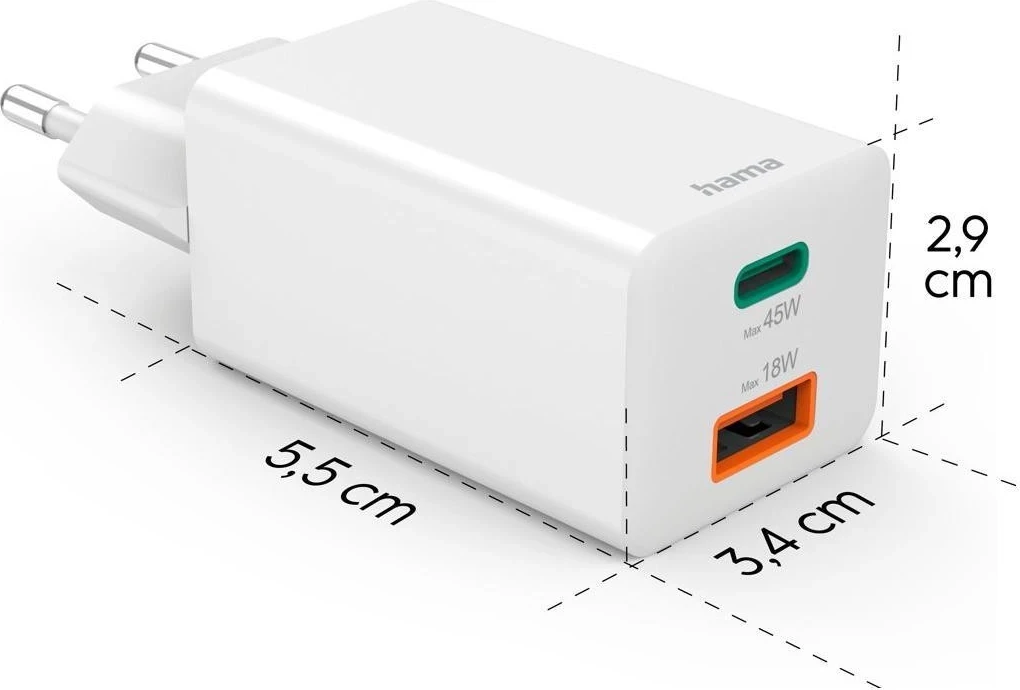 Karikues rrjeti Hama mini GaN 45W PD/QC 1x USB-C, 1x USB-A, bardhë