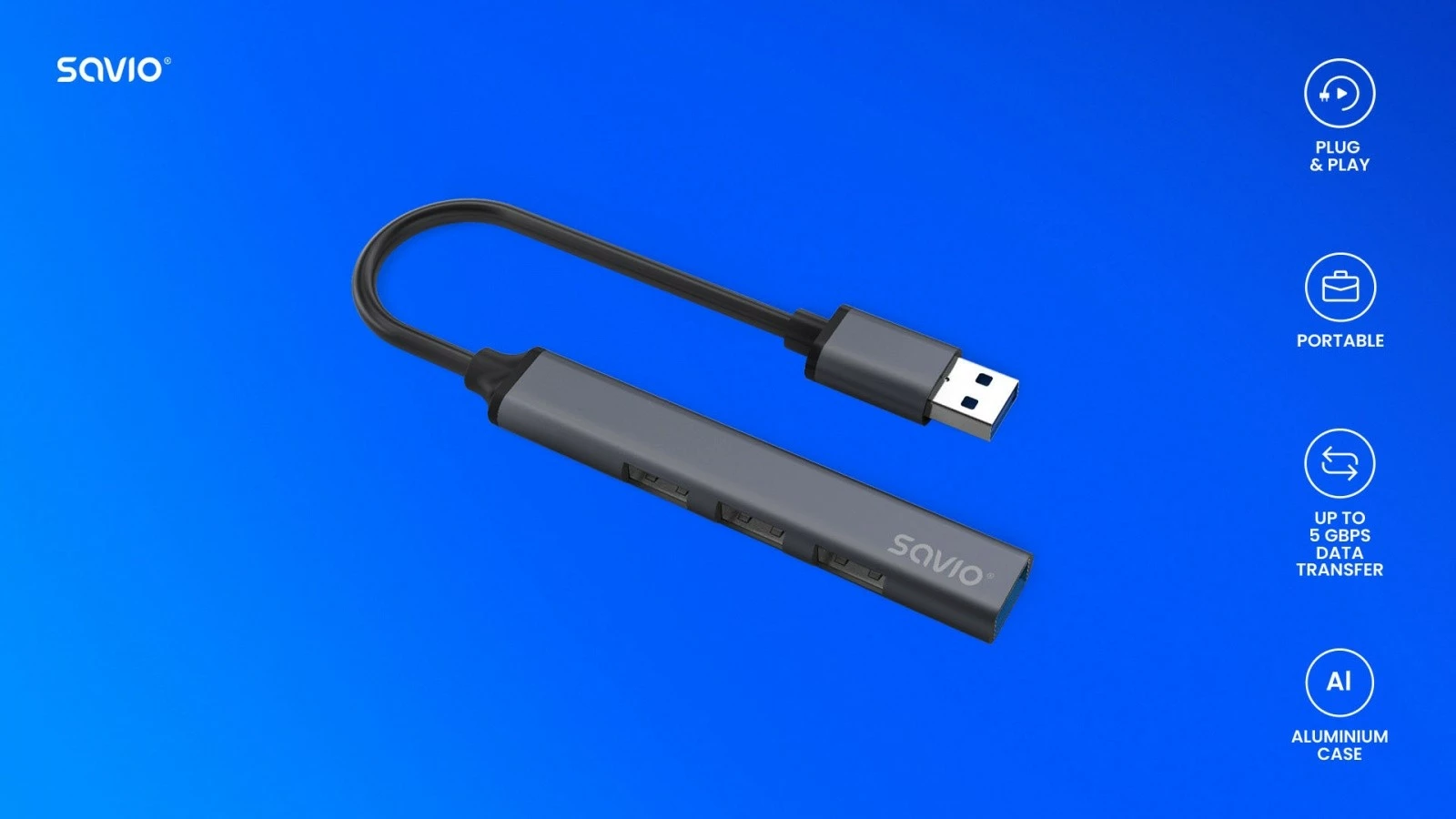 Hub USB-A 4 porta Savio AK-70, 3x USB-A 2.0, 1x USB-A 3.1 Gen 1, 5 Gbps, Alumini, Gri