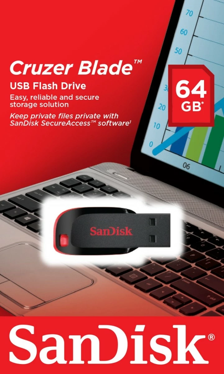 USB Flash Drive SanDisk Cruzer Blade 64GB, zi/kuqe