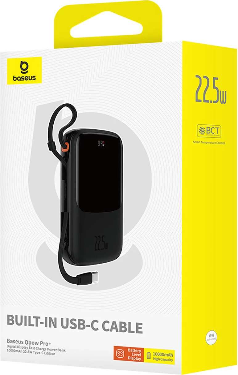 Powerbank Baseus QPow Pro+ 10000mAh, 22.5W, me kabllo USB-C të integruar dhe ekran, e zezë