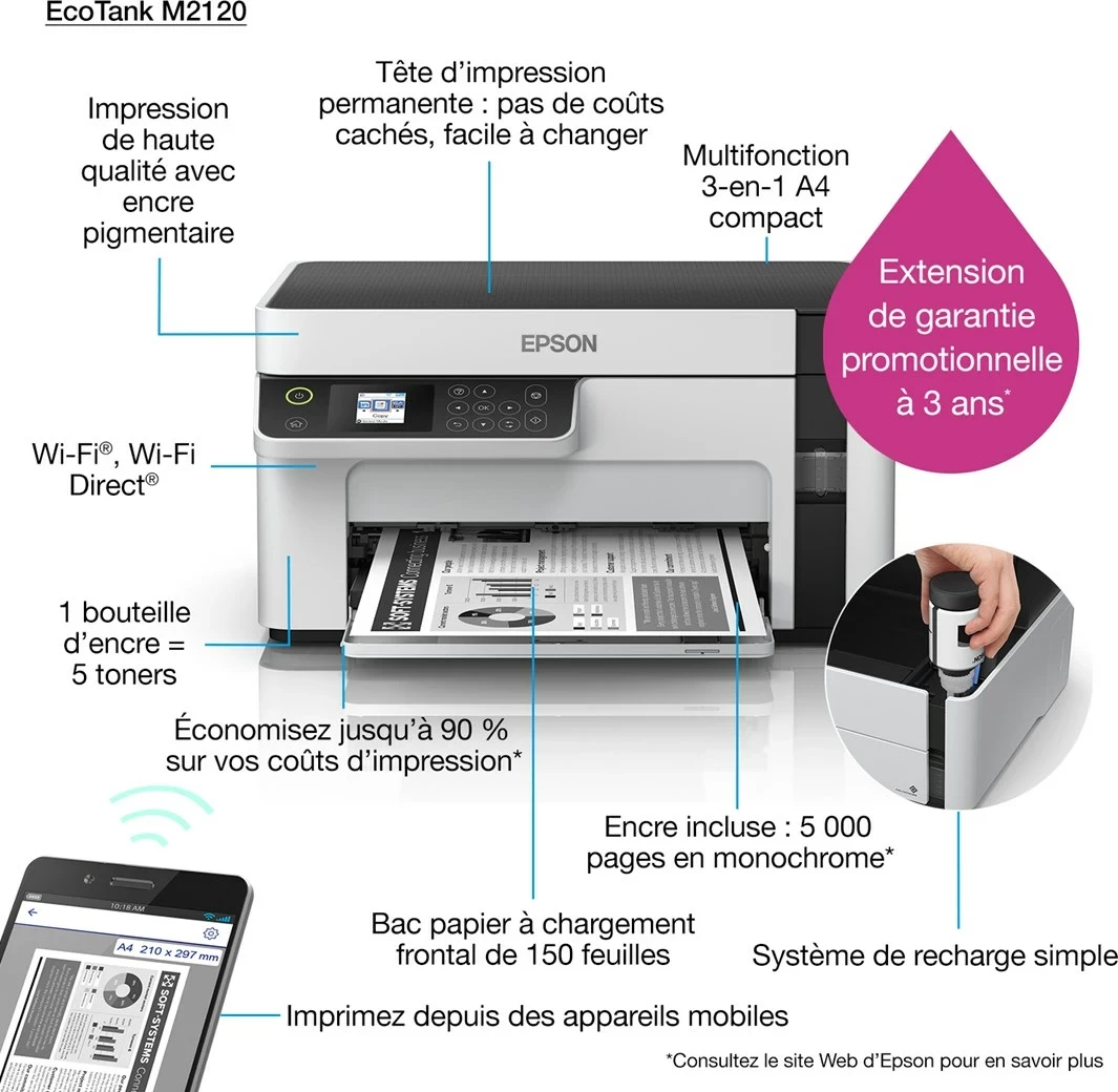 Printer Epson EcoTank M2120, Inkjet, Wi-Fi, Bardhë