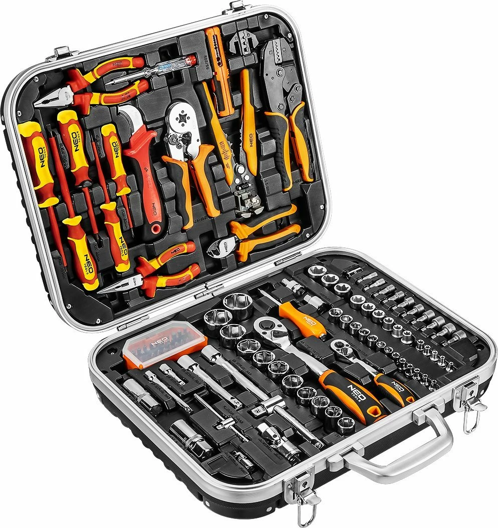 Set kuti veglash për elektricist Neo 01-310-1, 108 pjesë, vegla të izoluara 1000V, portokalli/zezë
