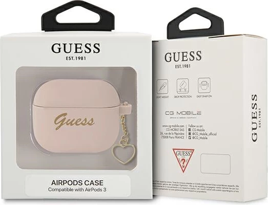 Mbështjellës Guess për AirPods 3, Charm Heart Collection, silikon, rozë