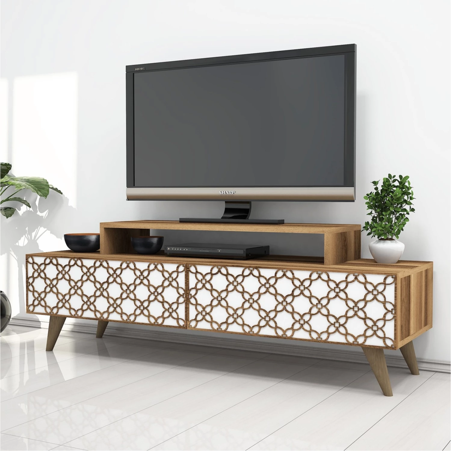 Komodinë TV melamine, ngjyrë arre dhe e bardhë, FH9510.04, 140x41.8x48.8 cm