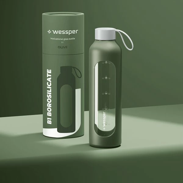Shishe uji Wessper Activemax Crystalline 1L, xham borosilikat, kapak bambuje, me mbështjellës silikoni, jeshile ulliri
