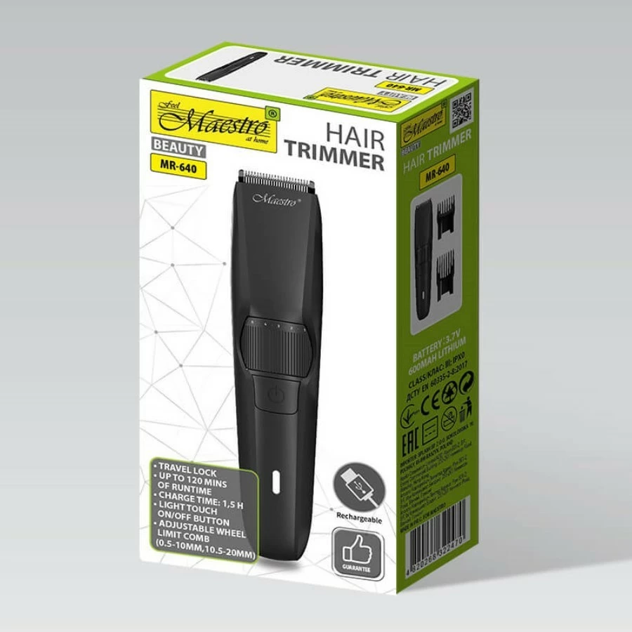 Trimmer flokësh dhe mjekre Feel-Maestro MR-640, bateri 600 mAh 120 min, rregullim 0.5–20 mm me 10 pozicione, USB-C, përdorim i thatë, i zi, set me 2 krehra