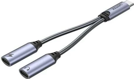 Adapter Unitek USB-C në 2 x port USB-C audio dhe 18W, ngjyrë gri