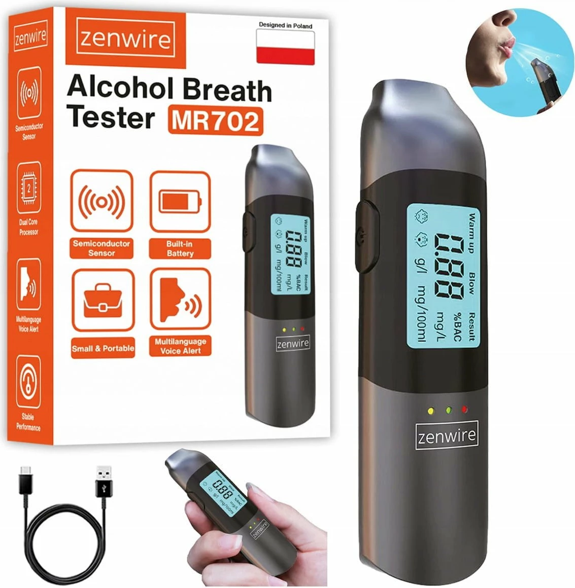 Alkotest Zenwire MR702, sensor gjysmëpërçues, USB-C, bateri e integrume, pa grykë, i zi