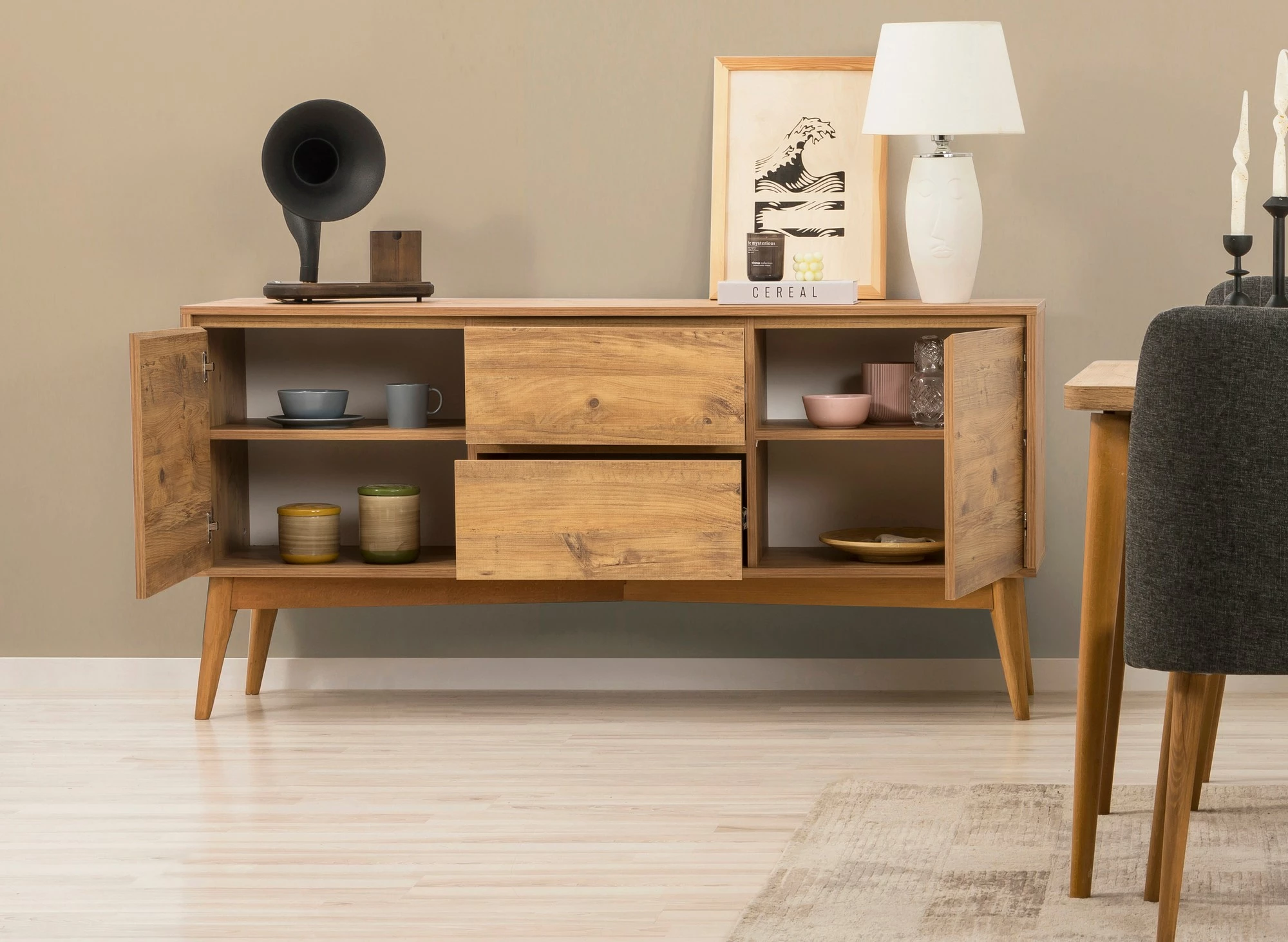 Set tavoline me karrige dhe konsol, zgjatshme, 6 pjesë, Skye Decor, Vina 01 1053, ngjyrë Atlantic Pine, antracit