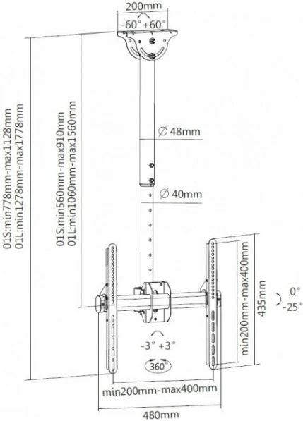 Mbajtëse tavani për TV Techly 309333, për LCD/LED 32-55 inç, 50kg, e zezë