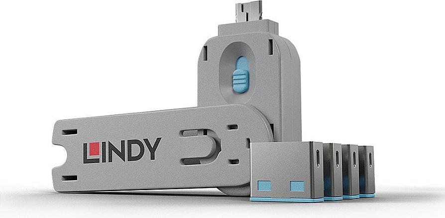 Portashlës USB Type-A Lindy, set 4 copë, me çelës, gri/blu