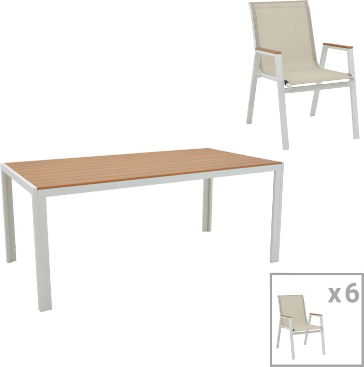 Tavolinë me karrige për terasë Nares-Azelie B set prej 7 copë ngjyrë e bardhë alumini dhe dru i përbërë në hije natyrale 180x90x72.5cm