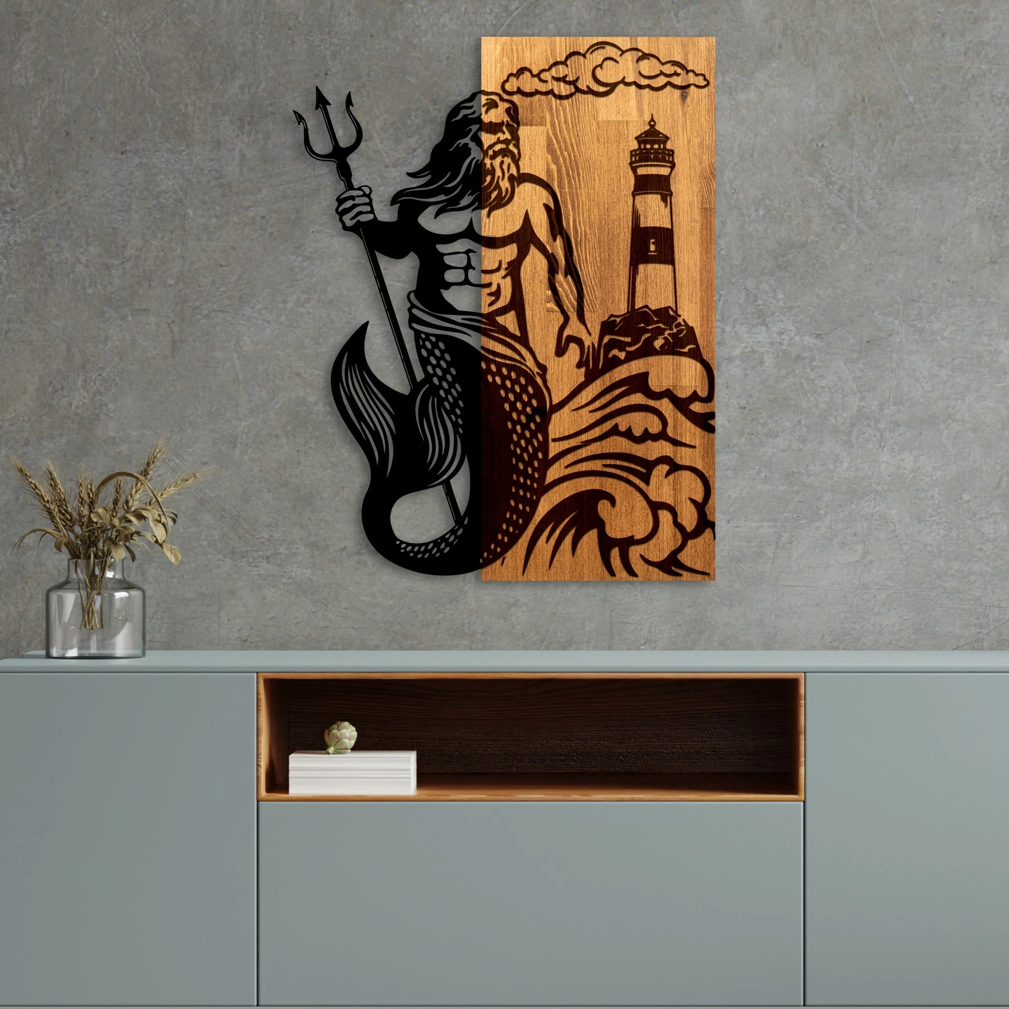 Aksesor muri dekorativ prej druri, Wallity, Poseidon, ngjyrë arre dhe e zezë, 45x58x3cm