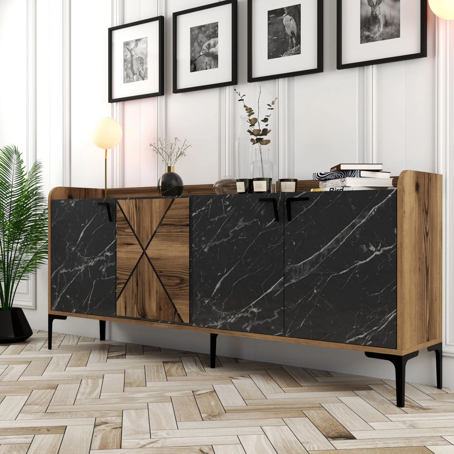 Bufet melamine, ngjyrë arre me dyer pamje mermeri të zi, FH9433.03, 180x35x78 cm