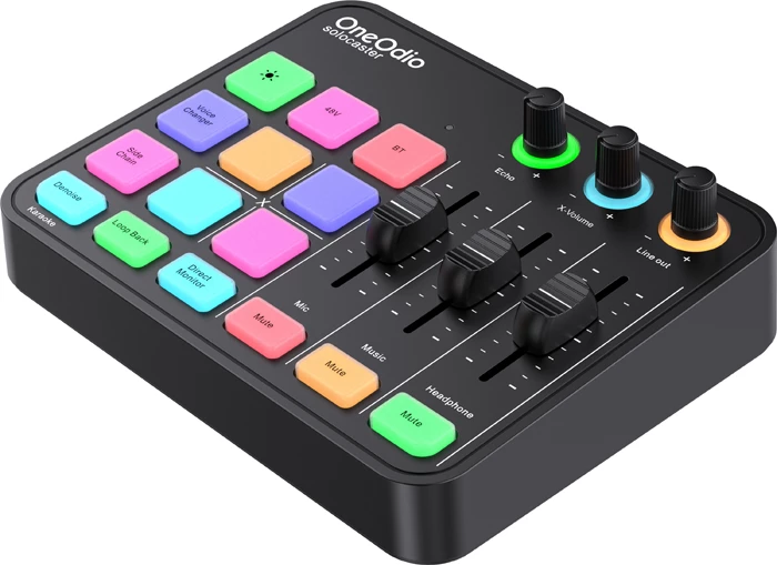 Mikser audio me kartë zanore USB-C OneOdio Solocaster, 24-bit/48kHz, 48V phantom, RGB, e zezë, set