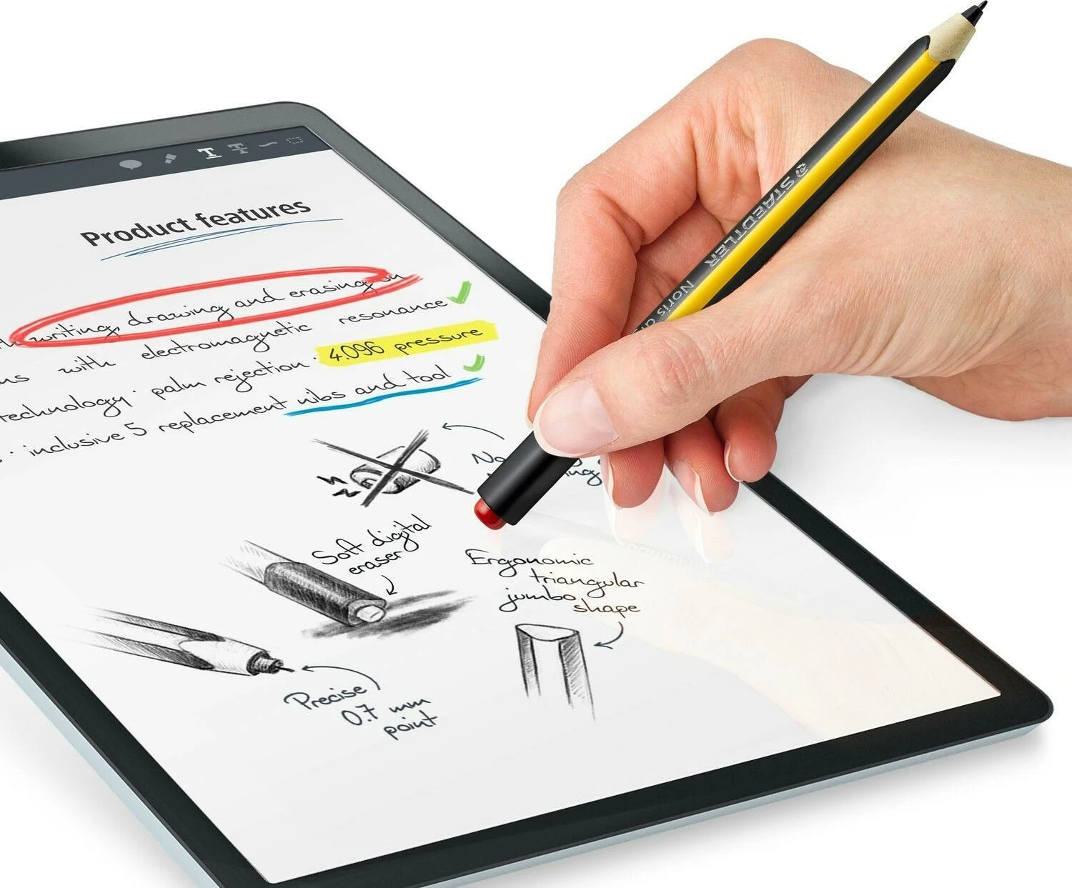 Stylus Staedtler Noris Digital Jumbo, EMR, majë 0.7 mm, 4096 nivele presioni, me gomë digjitale, verdhë/zi
