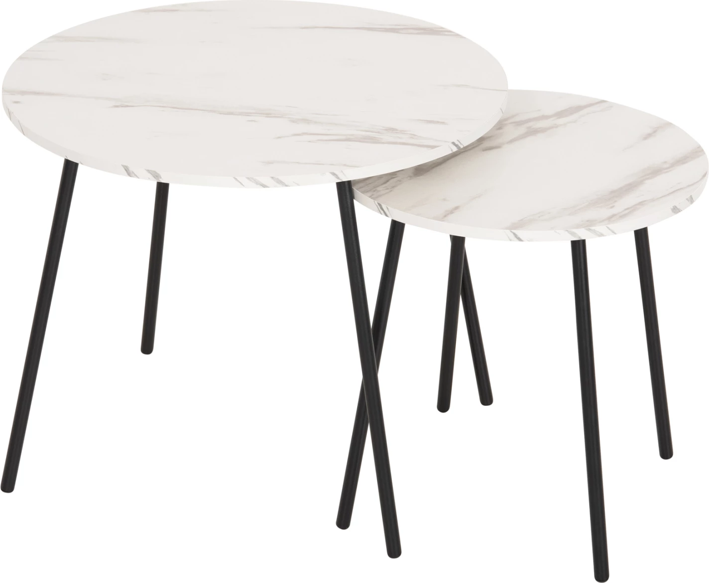 Tavolina kafeje 2 copë, të rrumbullakëta, bakri, FH9878.12, melaminë, ngjyrë mermeri të bardhë-metal të zi, Φ55x45H cm