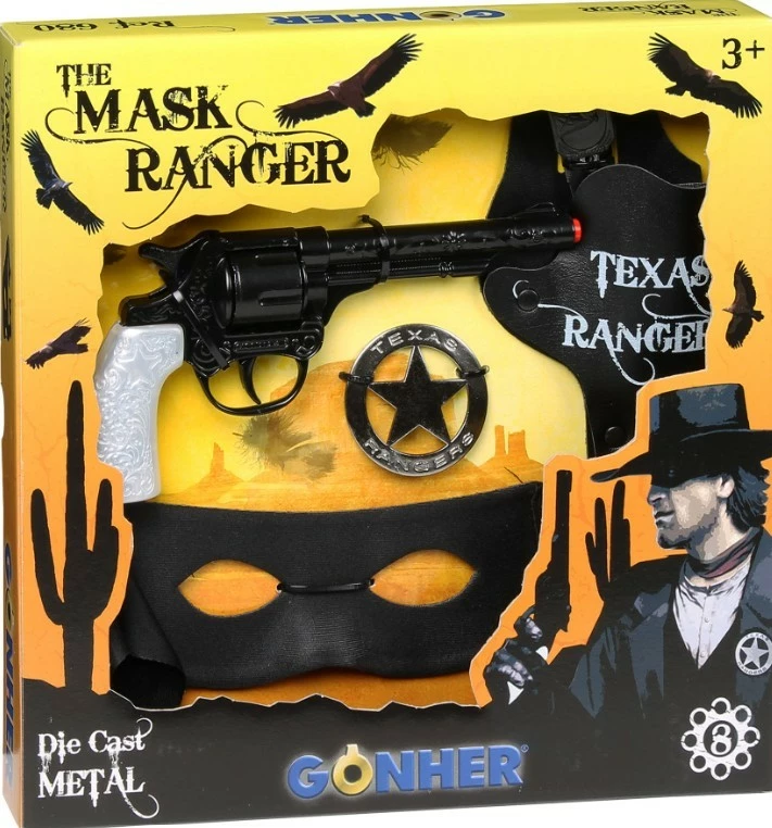 Set kauboji Pulio Gonher me maskë, revole metalike dhe aksesorë, i zi