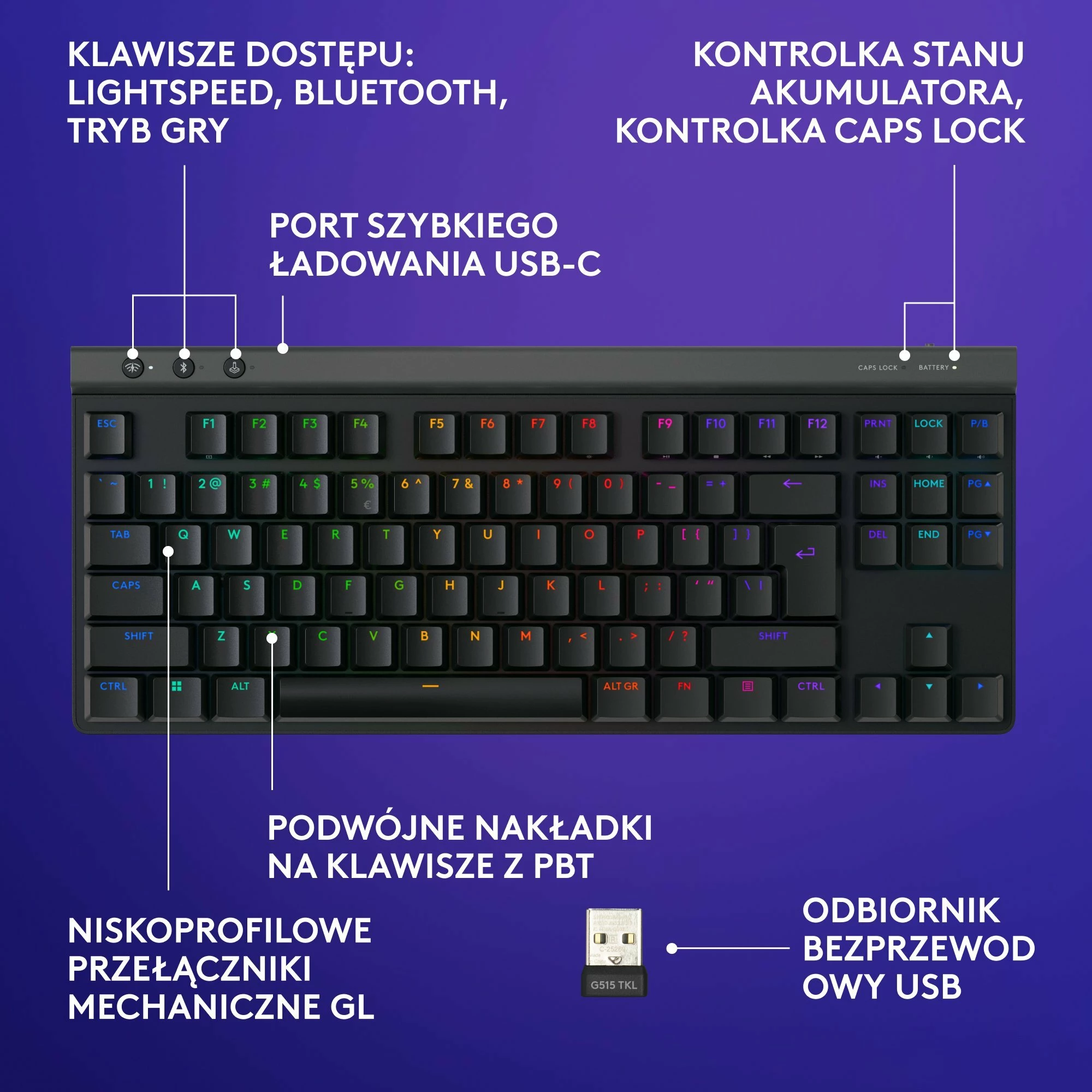 Tastierë gaming Logitech G515 LIGHTSPEED TKL 920-012538, mekanike GL Brown, RGB, USB-C/Bluetooth/2.4GHz, US INTL, e zezë