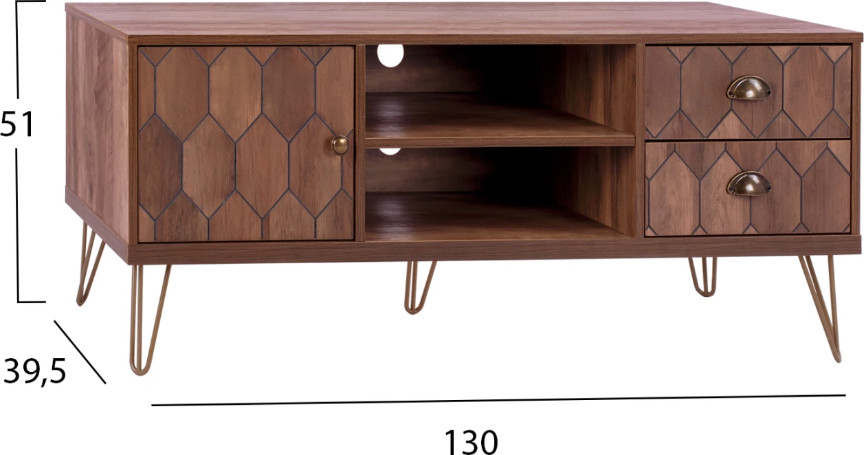 Mobilje TV Philippa, ngjyrë arre me detaje të arta, FH8674, 130x39,5x51 cm