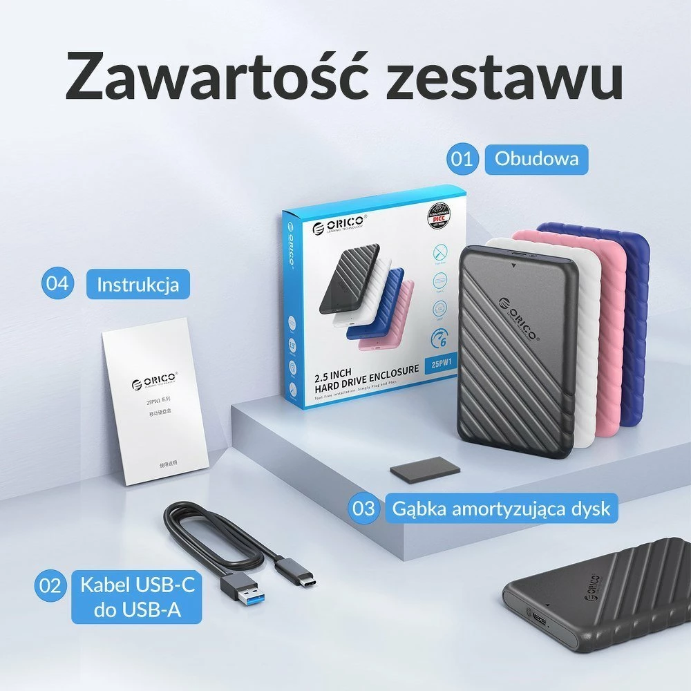 Kasë Orico 25PW1-C3-BK-EP për disk 2.5\" SATA III, USB-C 3.2 Gen 1, 6Gbps, e zezë